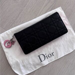 Dior Black Quilted Zip Wallet with Pink Dior Charm